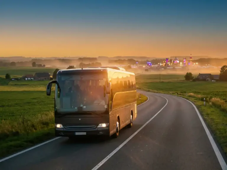 Luxe touringcar rijdt over Belgische snelweg richting kleurrijke festivalhorizon in warm goudgeel middaglicht.