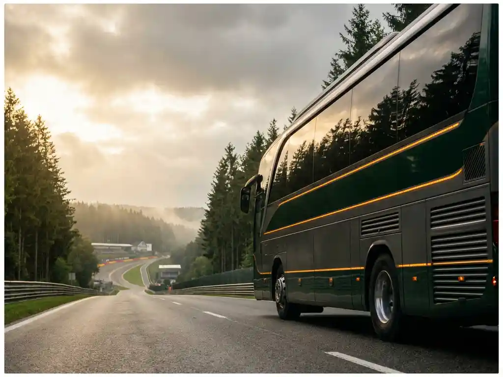 Luxe touringcar op Ardense snelweg met dennenbossen, Spa-Francorchamps circuit zichtbaar in mistig dal, gouden middaglicht.