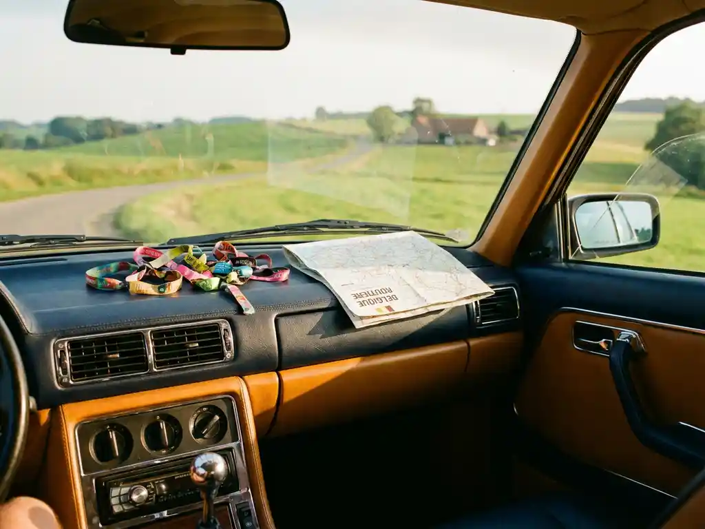 Luxe touringcar geparkeerd langs Belgische weg, met festivalpolsbandjes en een verkreukelde kaart op het dashboard, Vlaams landschap zichtbaar door de voorruit.