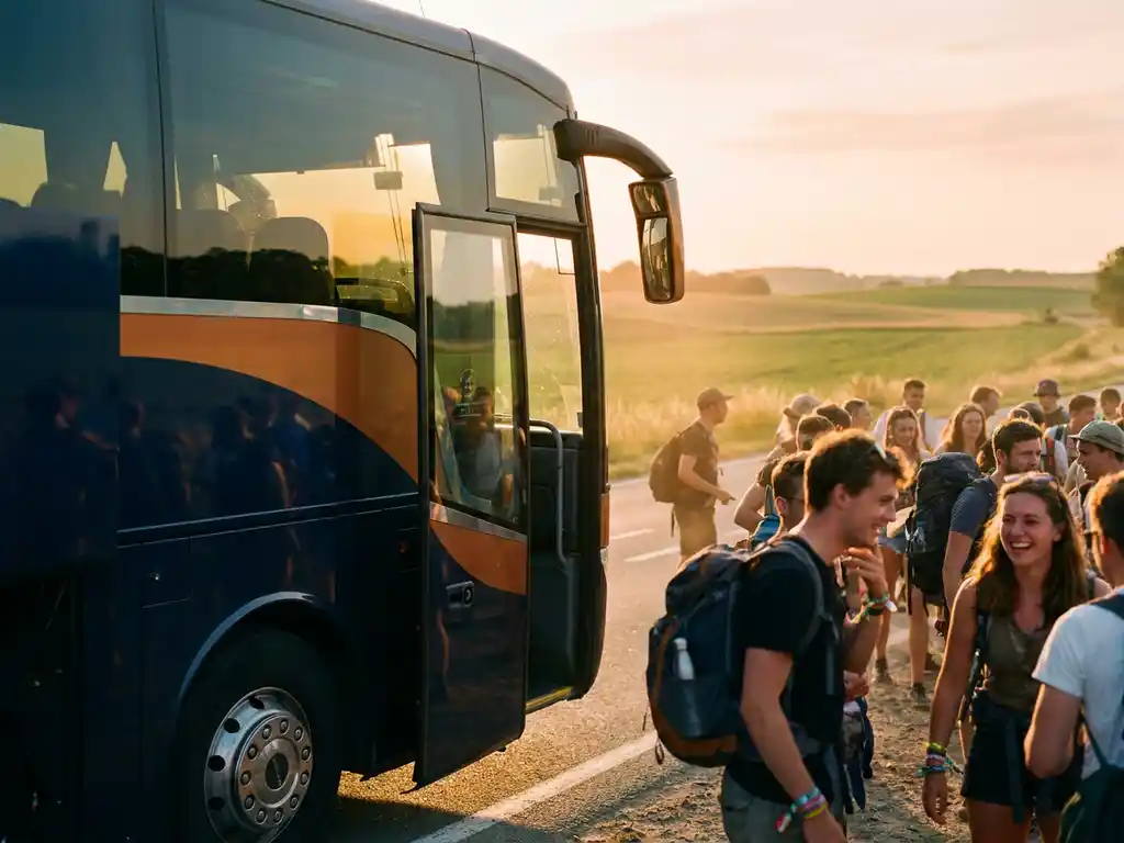 Luxe touringcar op Belgische snelweg bij gouden uur, omringd door festivalgangers met rugzakken en polsbandjes, groene Vlaamse heuvels op achtergrond.