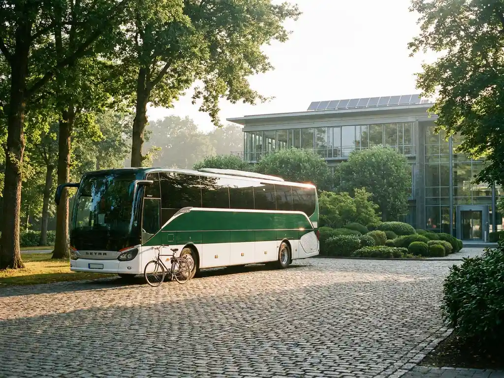 Luxe touringcar op bedrijfscampus met zonnepanelen, fiets tegen de bus geleund, omgeven door groen in warm ochtendlicht.