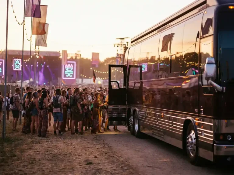 Luxe touringcar bij een festivalingang tijdens het gouden uur, met een kleurrijke menigte en feestelijke podiumverlichting op de achtergrond.