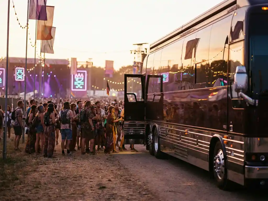 Luxe touringcar bij een festivalingang tijdens het gouden uur, met een kleurrijke menigte en feestelijke podiumverlichting op de achtergrond.