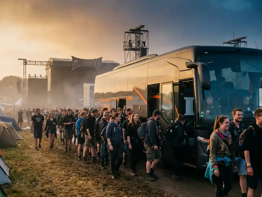 Luxe touringcar bij festivalingang van Graspop, omringd door festivalgangers met rugzakken en polsbandjes in het gouden middaglicht.