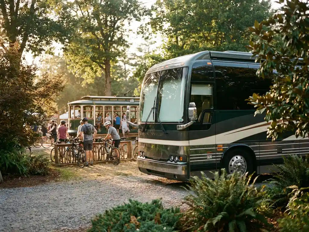 Luxe touringcar geparkeerd bij zonnig festivalterrein, omgeven door fietsers en tramreizigers, omlijst door weelderig groen in middaglicht.