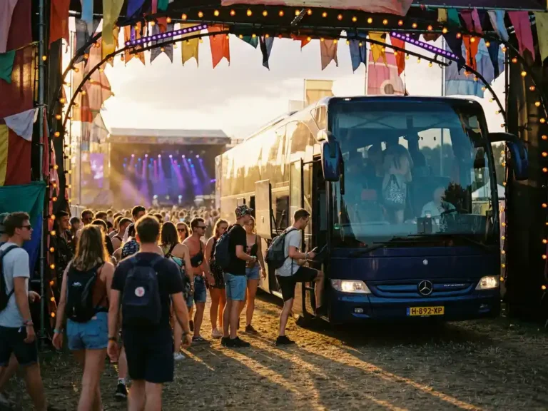 Luxe touringcar met Nederlands kenteken bij festivalingang, passagiers stappen in bij kleurrijke vlaggen en podiumverlichting in gouden avondlicht.