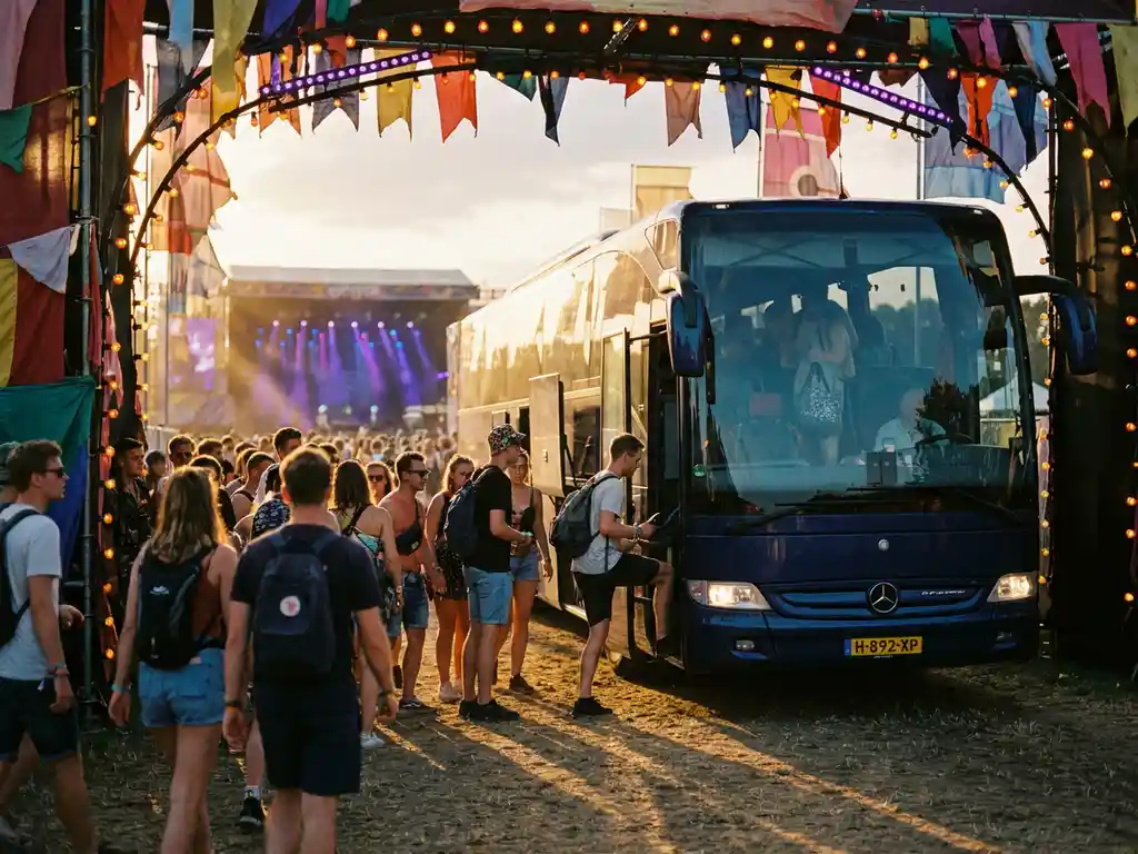 Luxe touringcar met Nederlands kenteken bij festivalingang, passagiers stappen in bij kleurrijke vlaggen en podiumverlichting in gouden avondlicht.