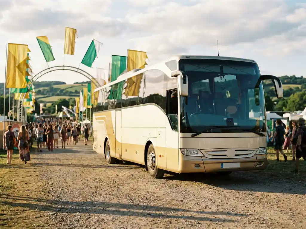 Luxe touringcar geparkeerd bij een zonnig festivalterrein met kleurrijke vlaggen, menigte en groene weiden op de achtergrond.