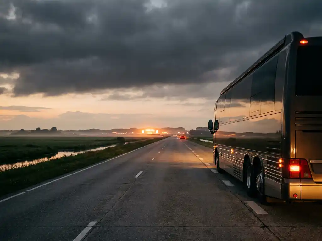 Luxe touringcar op snelweg bij schemering, Nederlandse polderlandschap op achtergrond, warme amberen festivalverlichting aan horizon.