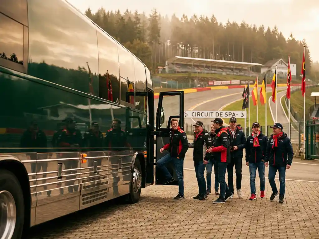 Luxe touringcar bij de ingang van circuit Spa-Francorchamps, passagiers stappen in terwijl grandstands en mistige Ardense dennenbossen op de achtergrond zichtbaar zijn.
