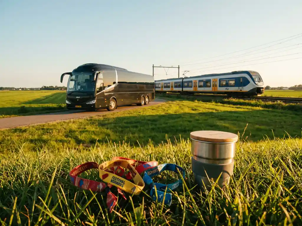 Luxe touringcar en passagierstrein naast elkaar in Nederlands polderlandschap bij gouden uursbelichting, met festivalpolsbandjes en herbruikbare beker op de voorgrond.