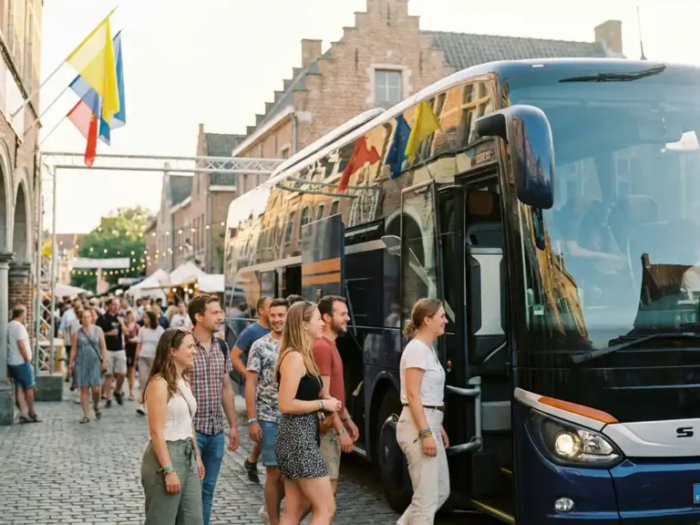 Luxe reisbus bij de ingang van een zomerfestival in een Belgisch stadje, passagiers met festivalpolsbandjes stappen in gouden middagzon in.