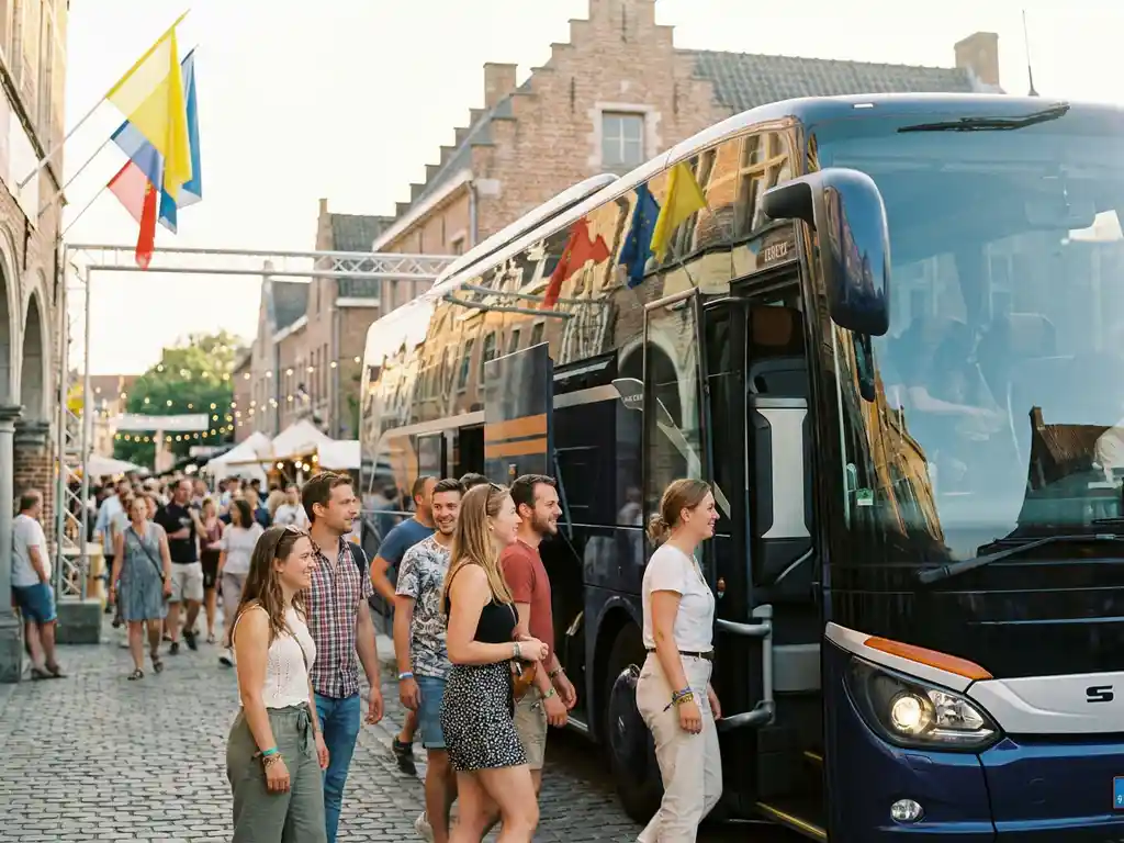Luxe reisbus bij de ingang van een zomerfestival in een Belgisch stadje, passagiers met festivalpolsbandjes stappen in gouden middagzon in.