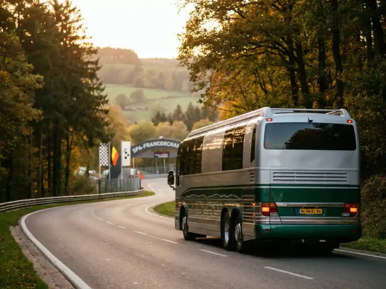 Luxe touringcar rijdt door het Ardense woud richting Spa-Francorchamps circuit, Nederlandse kentekenplaten zichtbaar in gouden middaglicht.