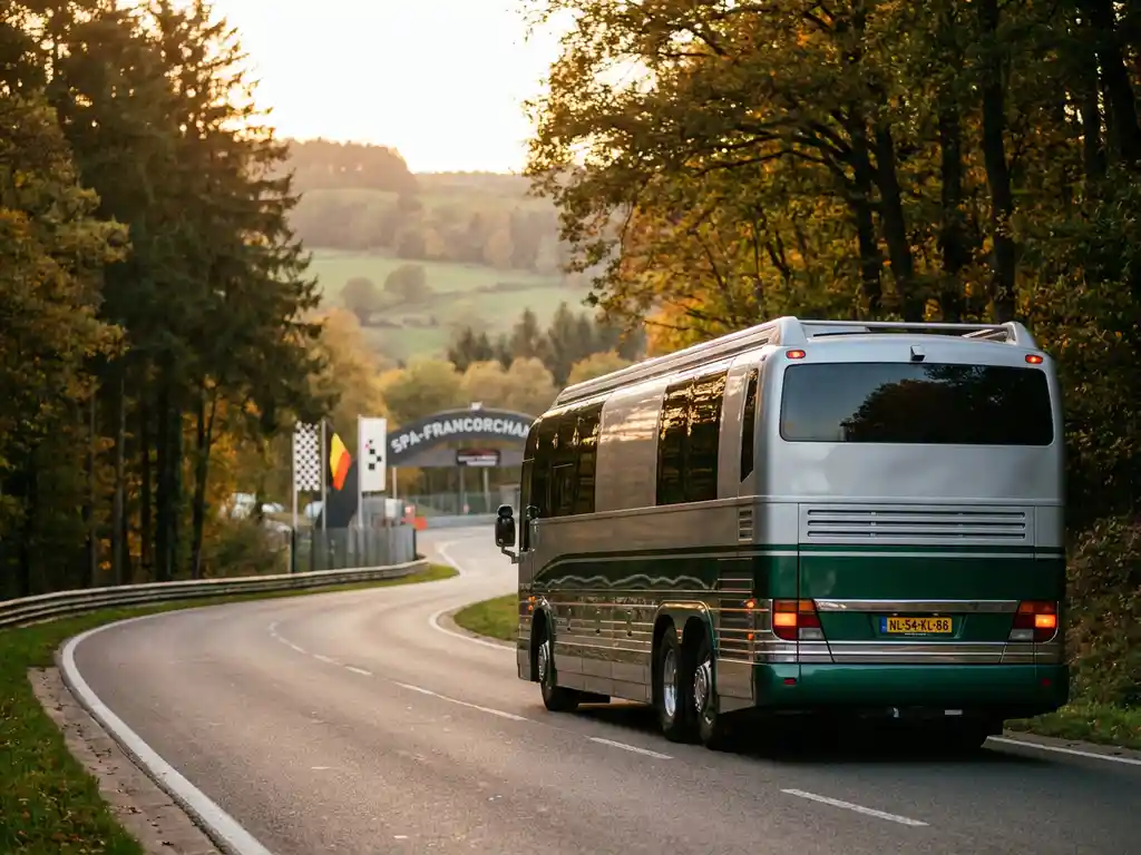 Luxe touringcar rijdt door het Ardense woud richting Spa-Francorchamps circuit, Nederlandse kentekenplaten zichtbaar in gouden middaglicht.