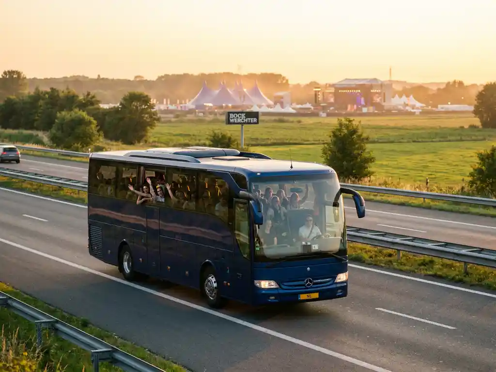 Luxebus met festivalgangers op Belgische snelweg richting Rock Werchter, gouden uurtje, groene Vlaamse velden op achtergrond.