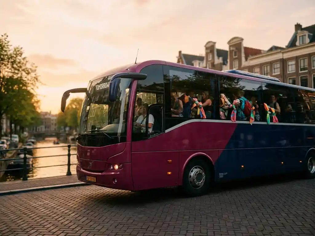 Luxe touringcar met Tomorrowland-festivalgangers vertrekt bij gouden uur van een Amsterdamse keistraat langs een gracht.