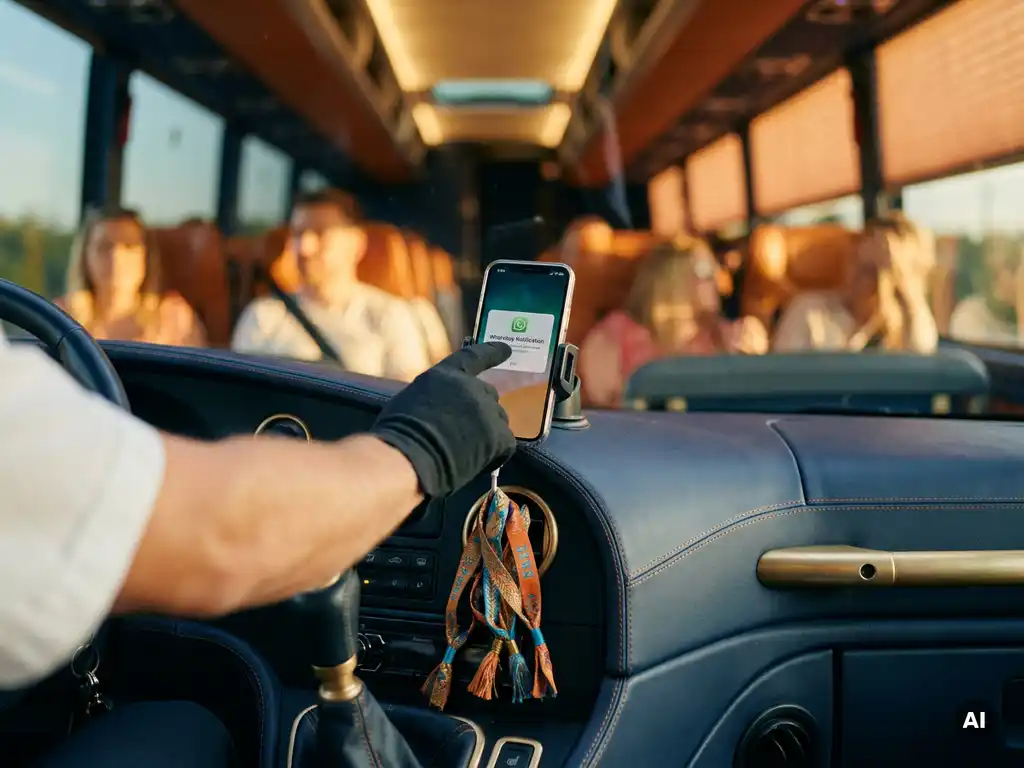 Buschauffeur ontvangt WhatsApp-melding op gemonteerde smartphone in luxe touringcar, festivalpolsbandjes zichtbaar op dashboard.