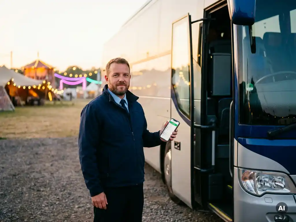 Chauffeur met smartphone toont passagierslijst naast luxe touringcar bij festivallocatie in schemerlicht.