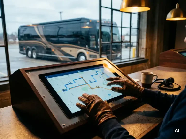 Dispatcher bedient tablet met live routekaart van touringcarlijnen, luxe reisbus zichtbaar op achtergrond, modern operationeel bureau.