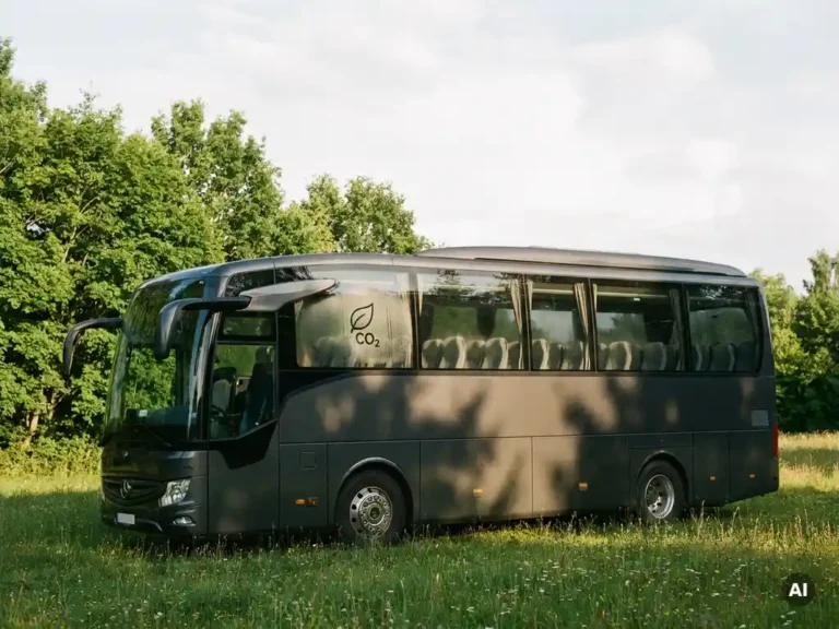 Luxe touringcar geparkeerd op groen festivalterrein met lege stoelen zichtbaar, CO₂-bladsymbool op het raam, gouden middagzon.