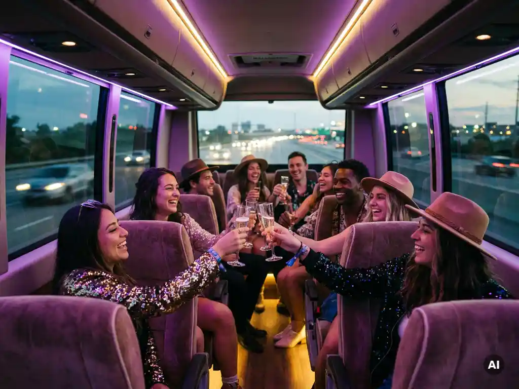 Festivalgangers heffen champagneglazen in een luxe touringcar met paars-gouden LED-sfeerverlichting tijdens een rijdende festivalrit.
