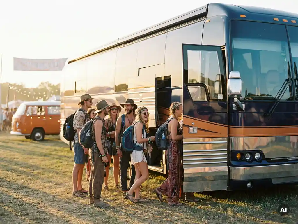Luxe touringcar met open deuren op zonnig festivalterrein, kleurrijke festivalgangers stappen in, tweede partybus zichtbaar op achtergrond.