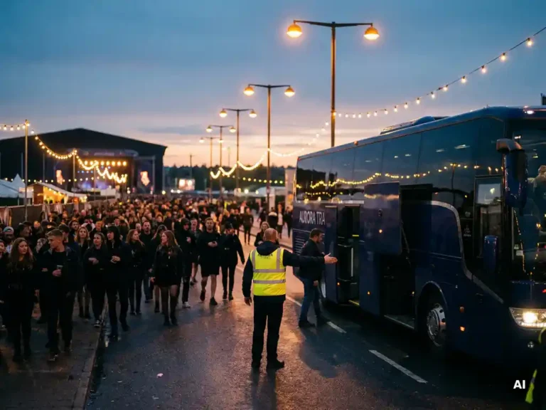 Festivalgangers verlaten bij schemering een evenement, terwijl een luxe touringcar met open deuren wacht en een medewerker in hesje hen begeleidt.
