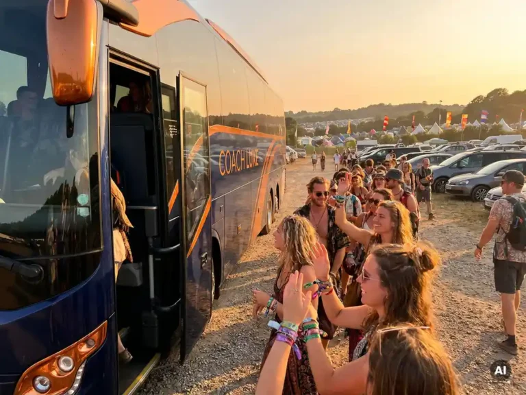 Festivalgangers met kleurrijke polsbandjes stappen in een luxe touringcar, met festivalmasten en tenten zichtbaar op de achtergrond.