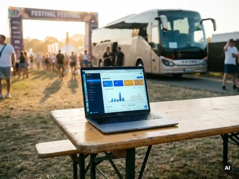 Festivalorganisator bekijkt ticketverkoop-dashboard op laptop aan klapttafel, luxe touringcar en festivalingang op achtergrond in gouden avondlicht.