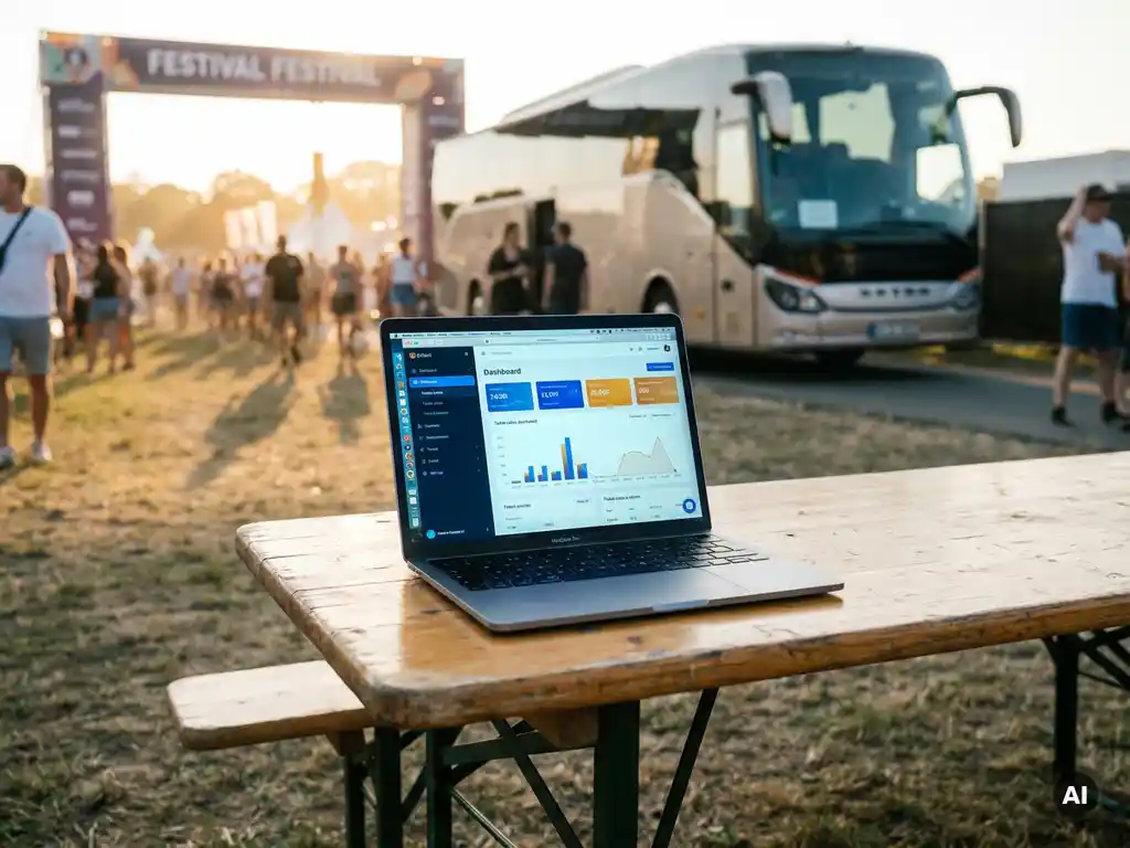 Festivalorganisator bekijkt ticketverkoop-dashboard op laptop aan klapttafel, luxe touringcar en festivalingang op achtergrond in gouden avondlicht.