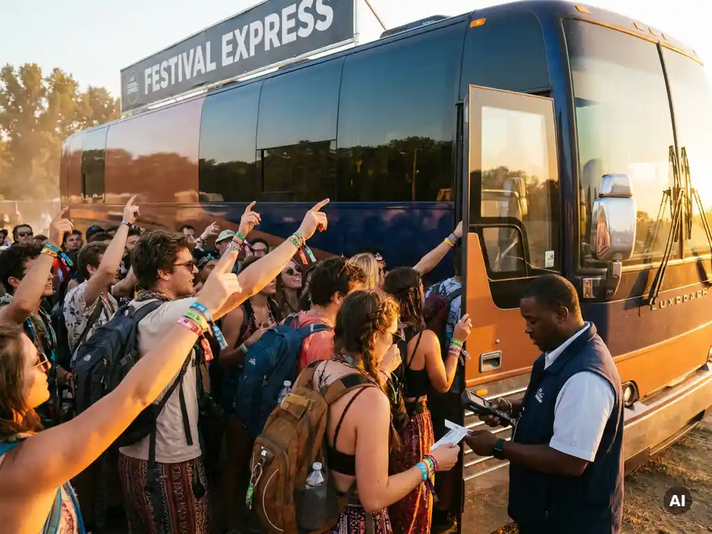 Festivalgangers stappen bij zonsondergang in een luxe touringcar terwijl een medewerker tickets scant bij de deur.