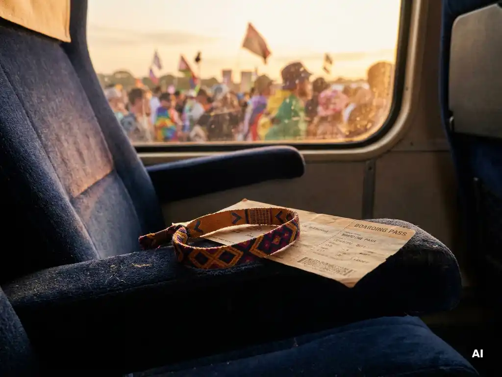 Festival polsbandje en boarding pass op luxe touringcarstoel, met feestgangers en gouden avondlicht op de achtergrond.