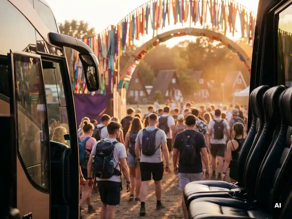 Luxe touringcar bij festivalingang tijdens gouden uur, met bezoekers die richting de poorten stromen in warm avondlicht.