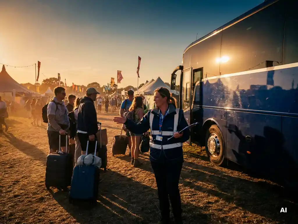 Eventcoördinator in veiligheidsvest begeleidt passagiers bij luxe touringcar op festivalterrein in gouden avondlicht.