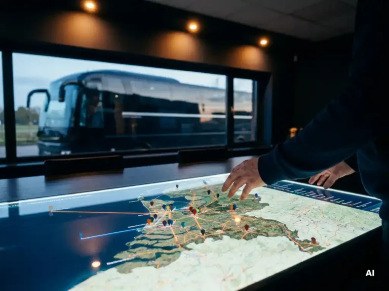 Dispatcher die festivalroutes plant op verlichte kaart met gekleurde spelden, luxe touringcar zichtbaar op achtergrond.