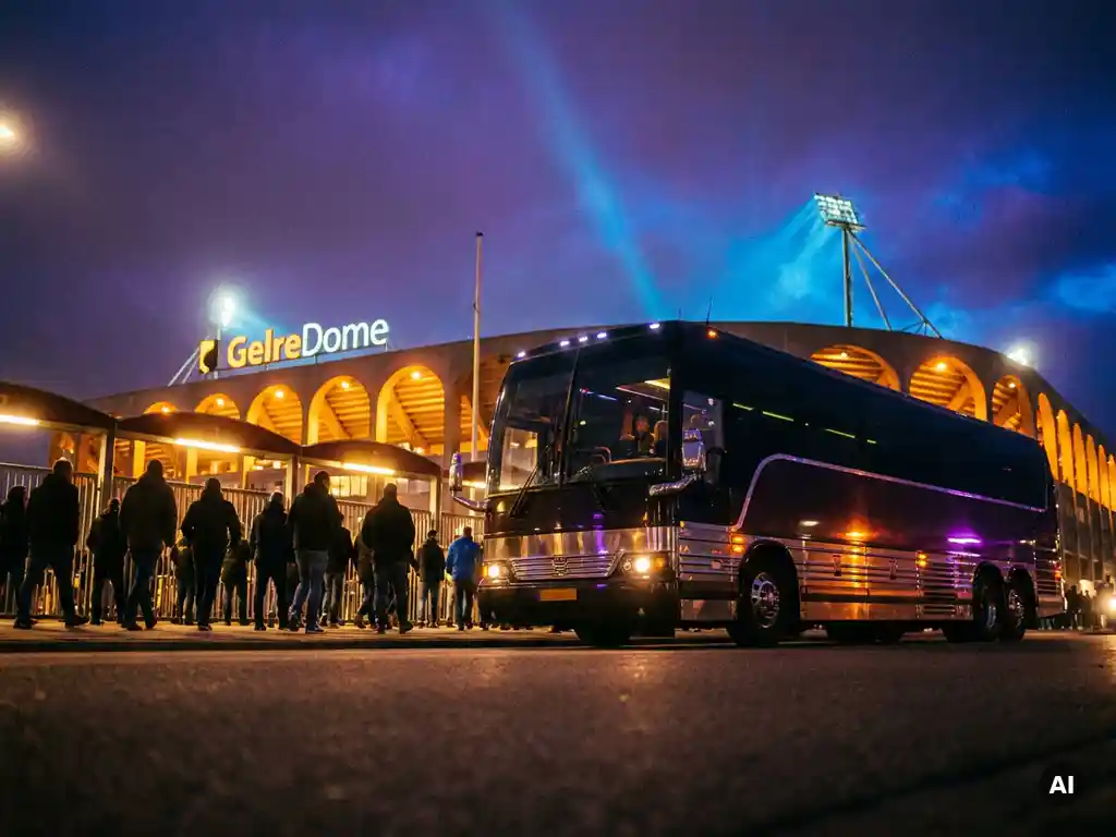 Luxe touringcar voor het verlichte GelreDome stadion tijdens Hard Bass, met festivalgangers die toestromen onder dramatische paarse avondlucht.