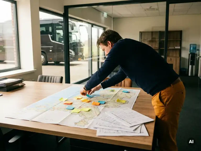 Logistiek coördinator groepeert gekleurde sticky notes op een kaart van Nederland, met reisschema's voor schoolreizen per regio ingedeeld.