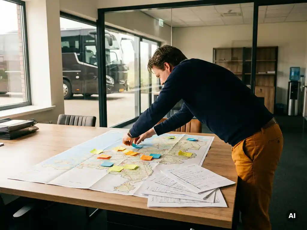 Logistiek coördinator groepeert gekleurde sticky notes op een kaart van Nederland, met reisschema's voor schoolreizen per regio ingedeeld.