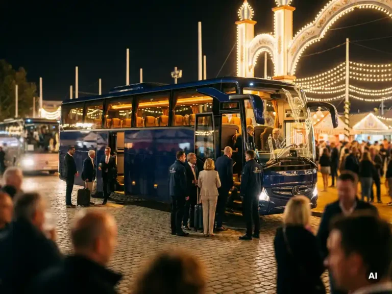 Luxe touringcar voor verlicht festivalterrein 's nachts, omringd door supporters en teamleden die instappen.