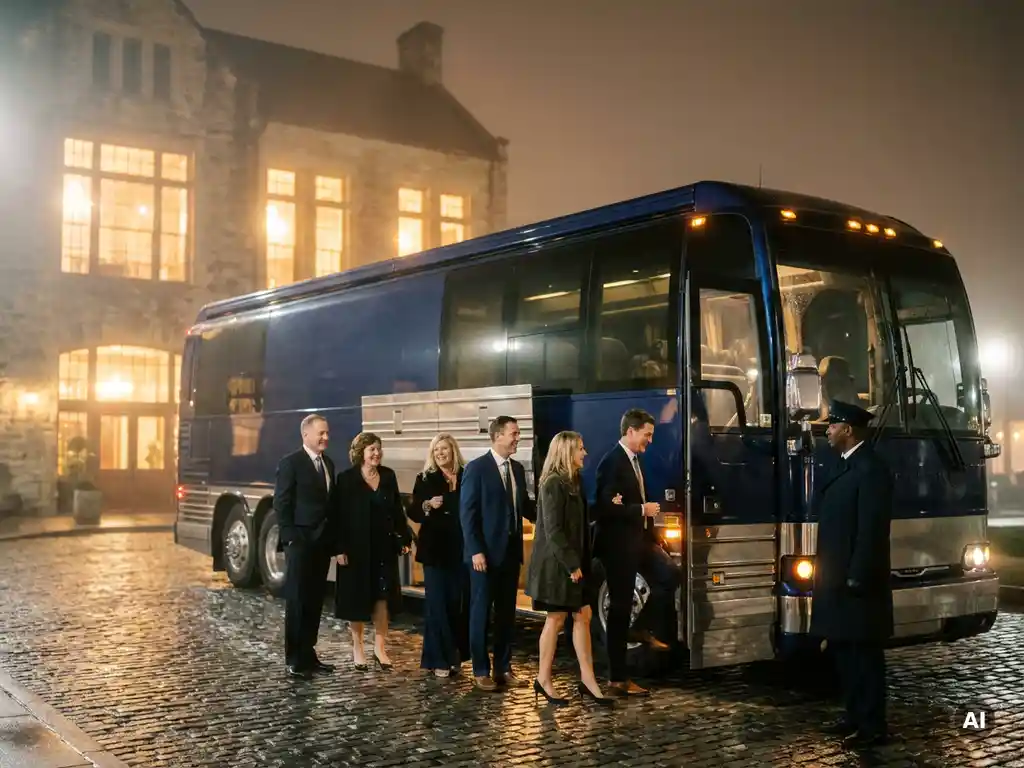 Luxe touringcar voor verlicht evenementenlocatie 's nachts, collega's in feestkleding stappen in begeleid door chauffeur in uniform.