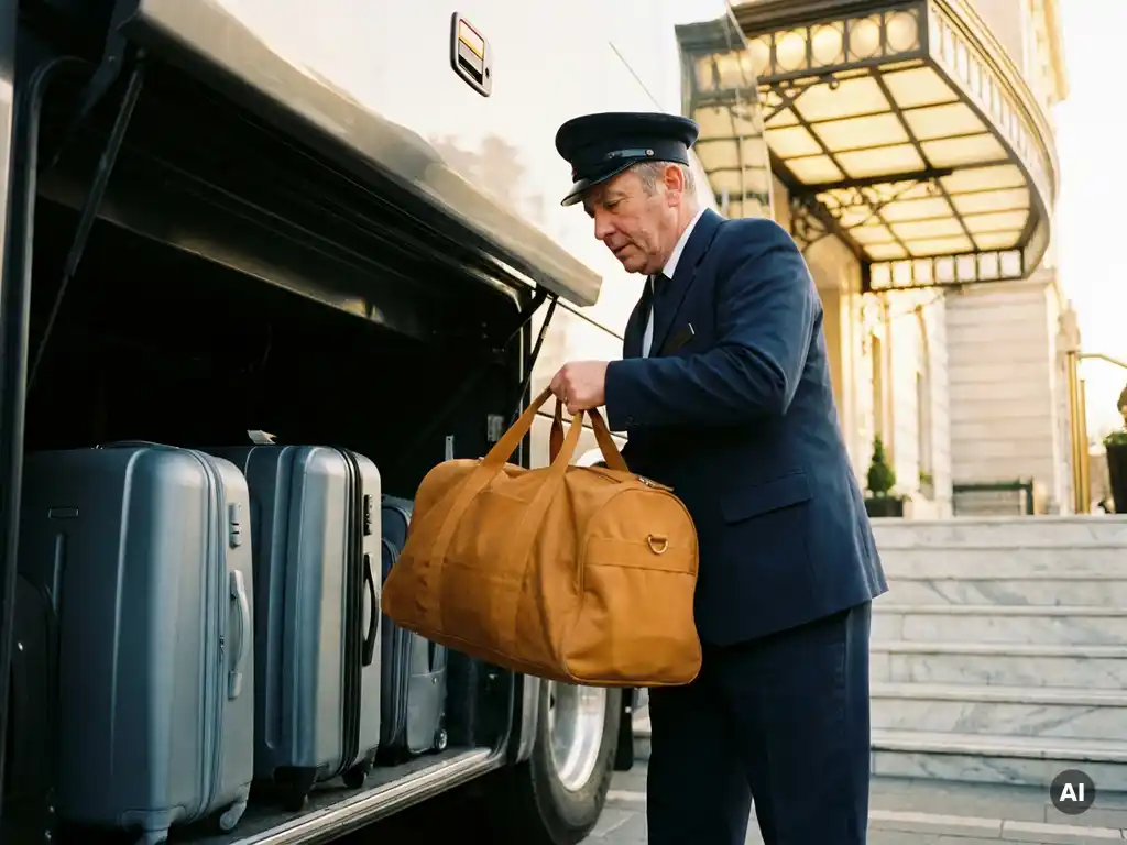 Chauffeur laadt koffers in het bagageruim van een luxe touringcar bij een hotelingang met marmeren trappen, gouden ochtendlicht.