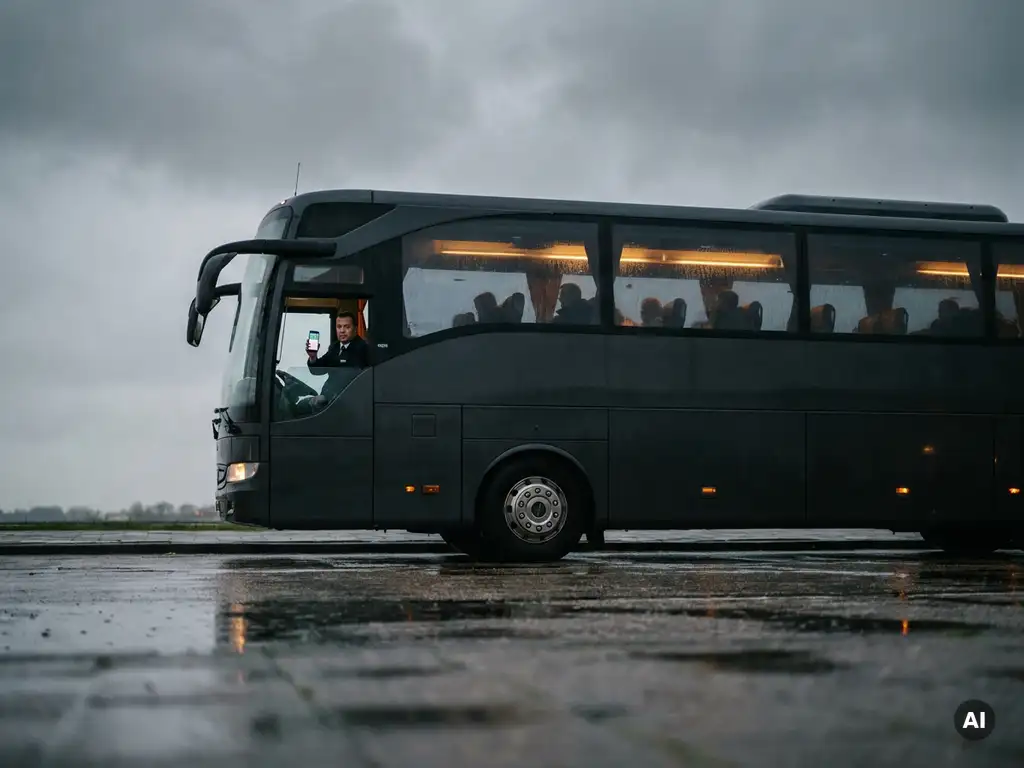Luxe touringcar langs natte weg, chauffeur in uniform met smartphone met WhatsApp-chat, passagiers zichtbaar door getinte ramen onder bewolkte Nederlandse lucht.