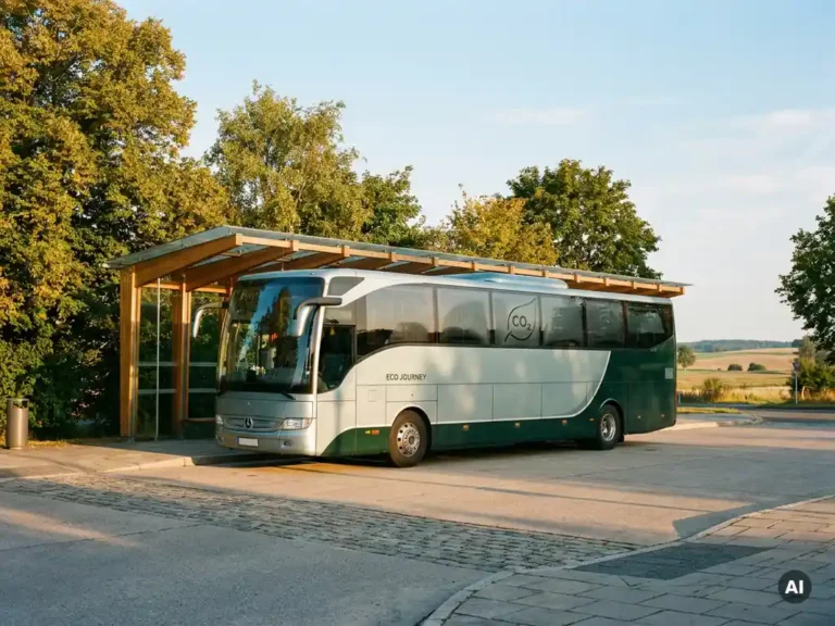 Luxe touringcar geparkeerd bij modern transitknooppunt, omgeven door groene bomen en open landschap in goudkleurig middaglicht.