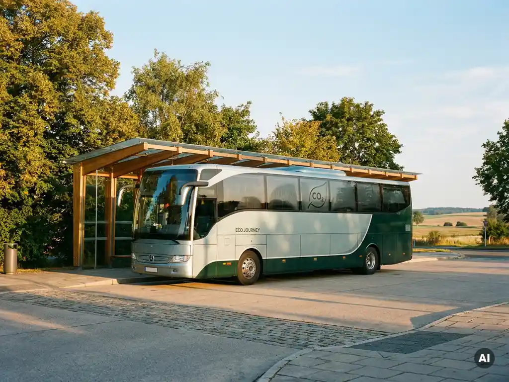 Luxe touringcar geparkeerd bij modern transitknooppunt, omgeven door groene bomen en open landschap in goudkleurig middaglicht.