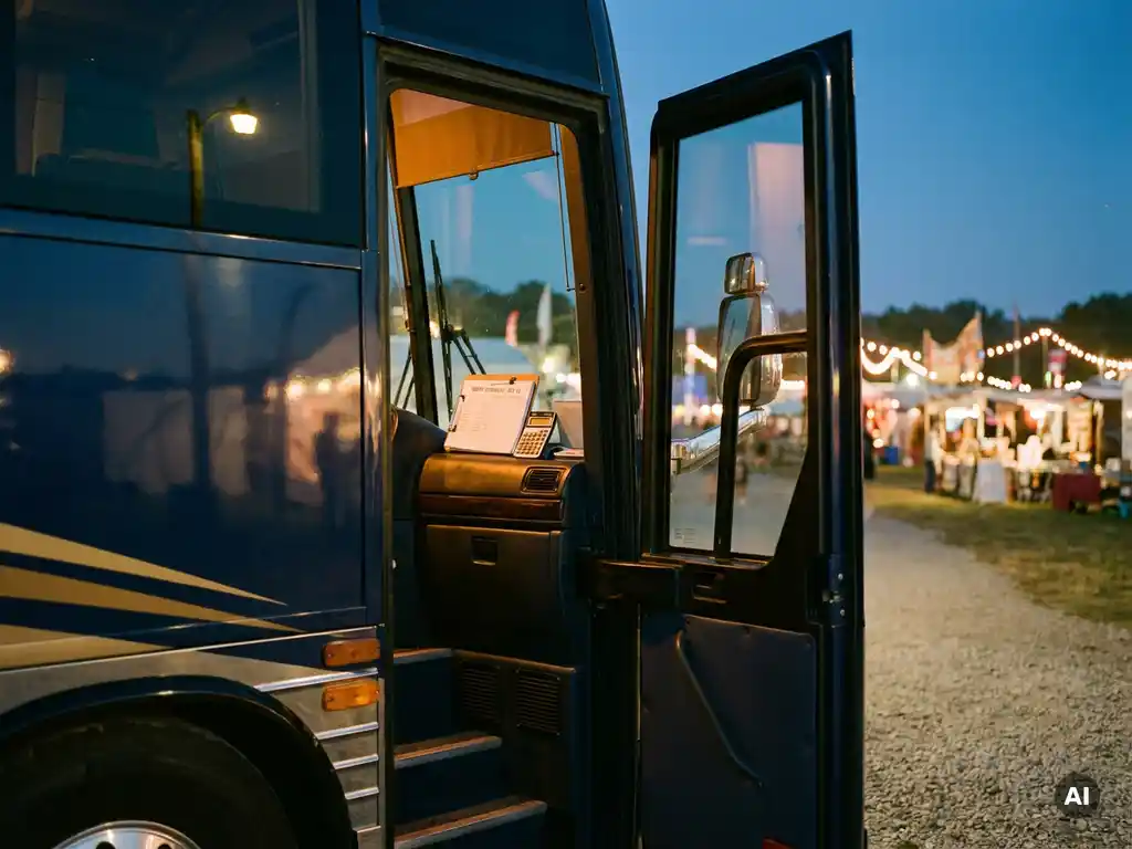 Luxe touringcar geparkeerd bij festivalterrein in de schemering, klembord met routebladen en rekenmachine op het dashboard, warm amberkleurig interieur.