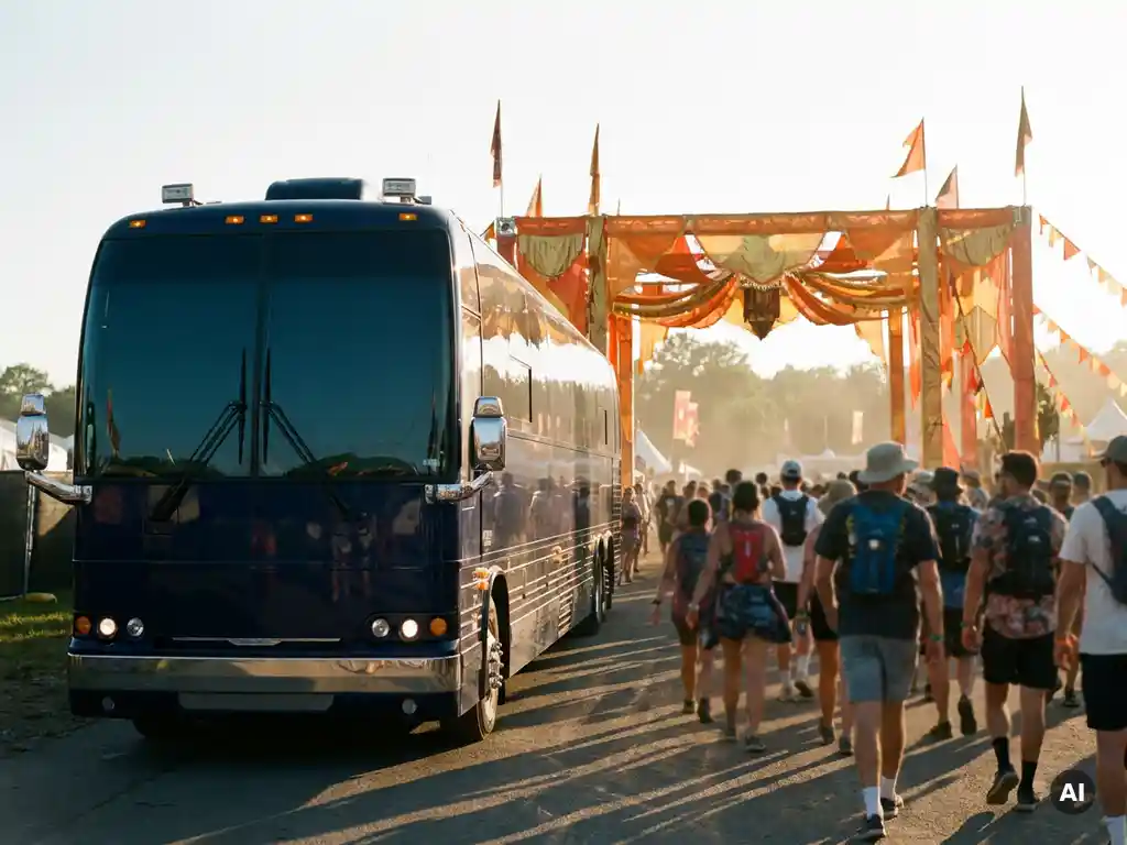 Luxe touringcar geparkeerd bij de ingang van een druk buitenfestival, bezoekers stromen toe in warm goudkleurig middaglicht.