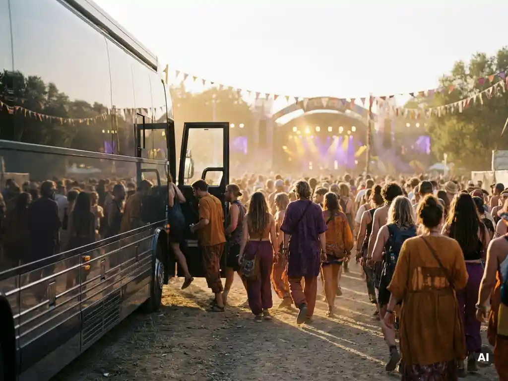 Luxe touringcar bij festivalingang met menigte bezoekers die richting verlicht podium lopen in gouden avondlicht.