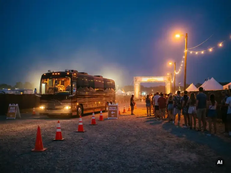 Luxe touringcar rijdt bij schemering een tijdelijke bushalte bij festivalterrein in, met oranje verkeerskegels en wachtende bezoekers.