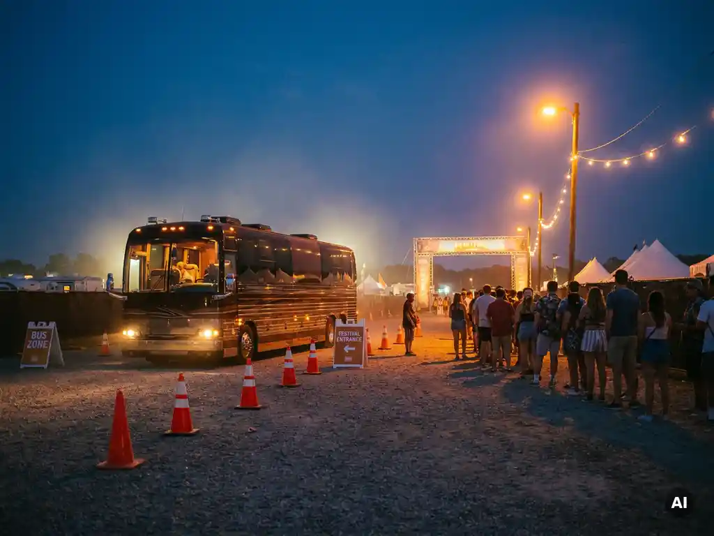 Luxe touringcar rijdt bij schemering een tijdelijke bushalte bij festivalterrein in, met oranje verkeerskegels en wachtende bezoekers.